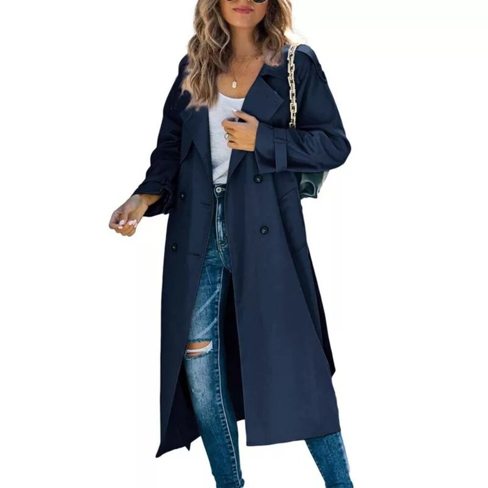 Imily Bela Womens Windproof Double Breasted Classic Lapel Slim Long Trench Coat